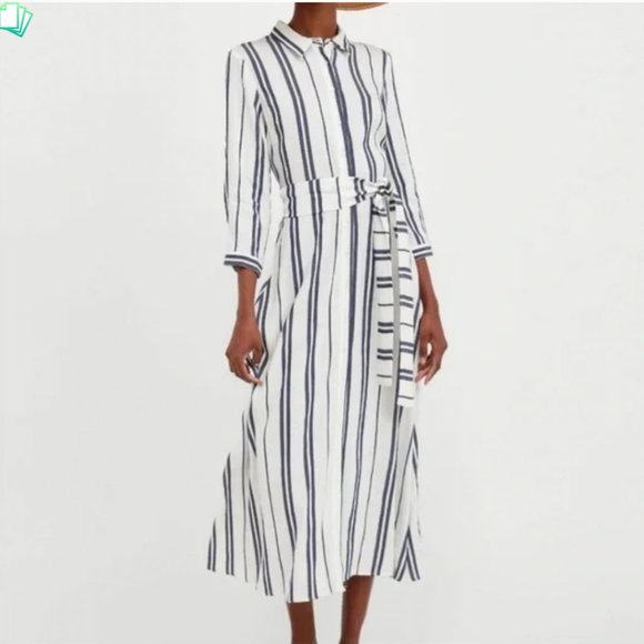 Zara Dresses & Skirts - ZARA blue white striped linen blend shirt maxi dress womens XS missing belt !